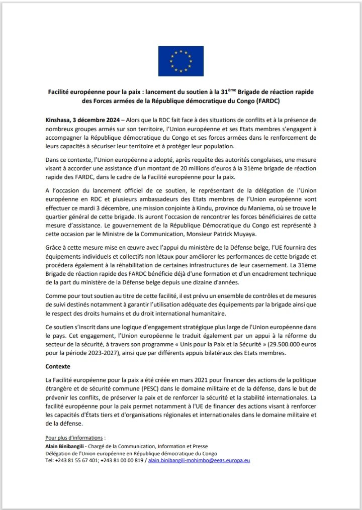L&rsquo;UE renforce les capacités de la 31ème Brigade des FARDC