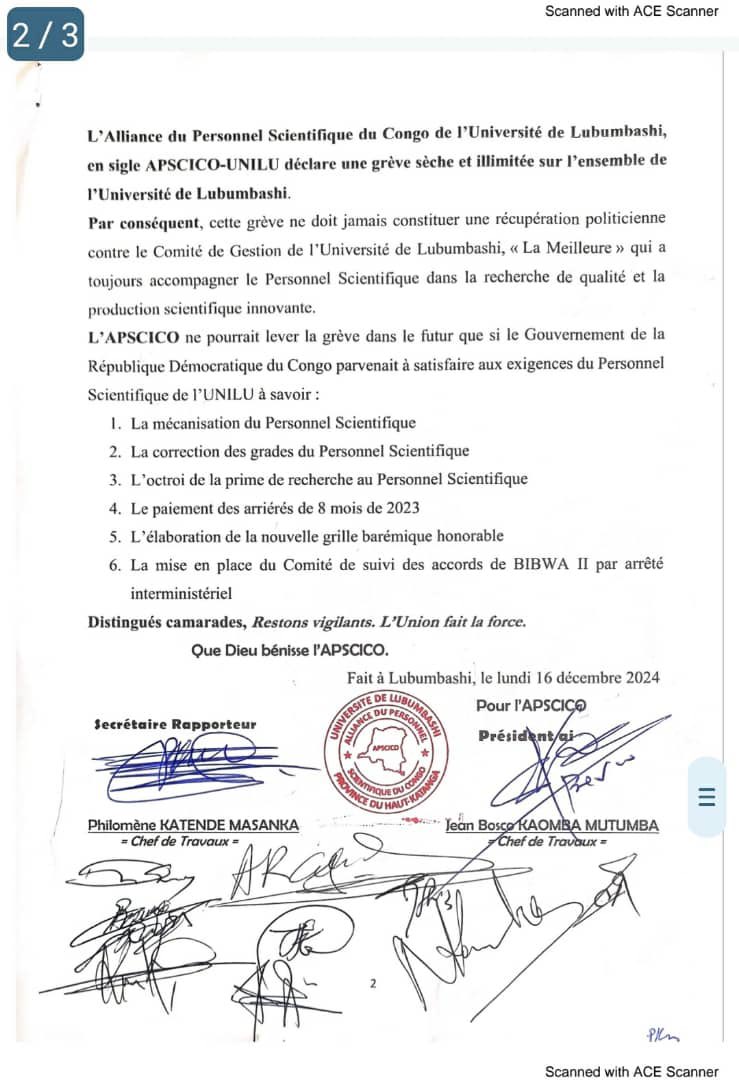 Grève illimitée à l&rsquo;Université de Lubumbashi : les enseignants-chercheurs réclament leurs droits