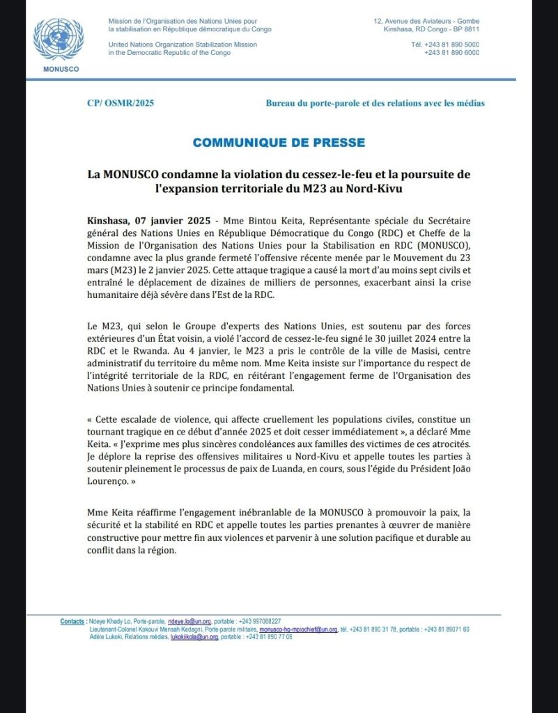 RDC : La Monusco condamne fermement la violence du M23 au Nord Kivu