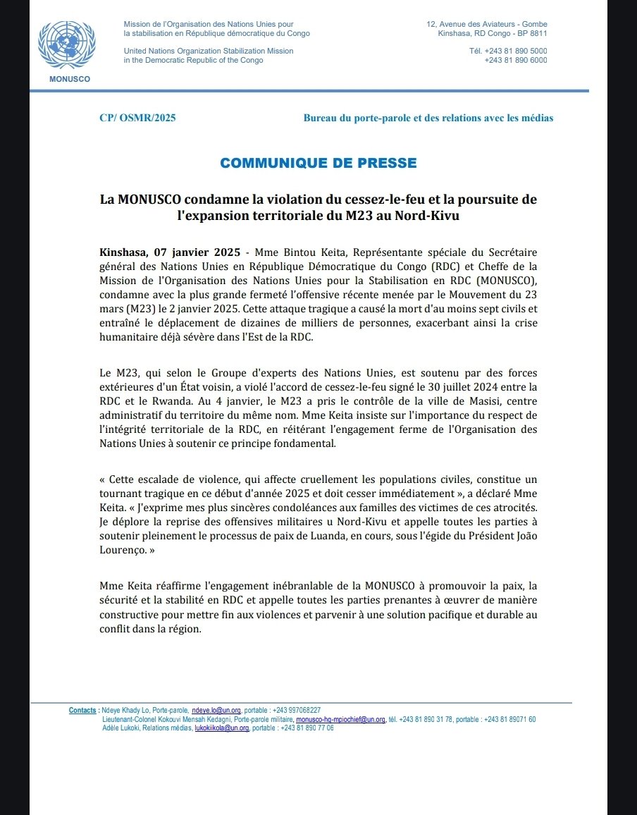 RDC : La Monusco condamne fermement la violence du M23 au Nord Kivu