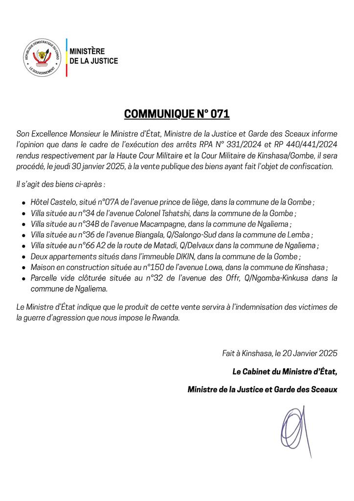 La RDC met aux enchères les biens confisqués de Corneille Nangaa