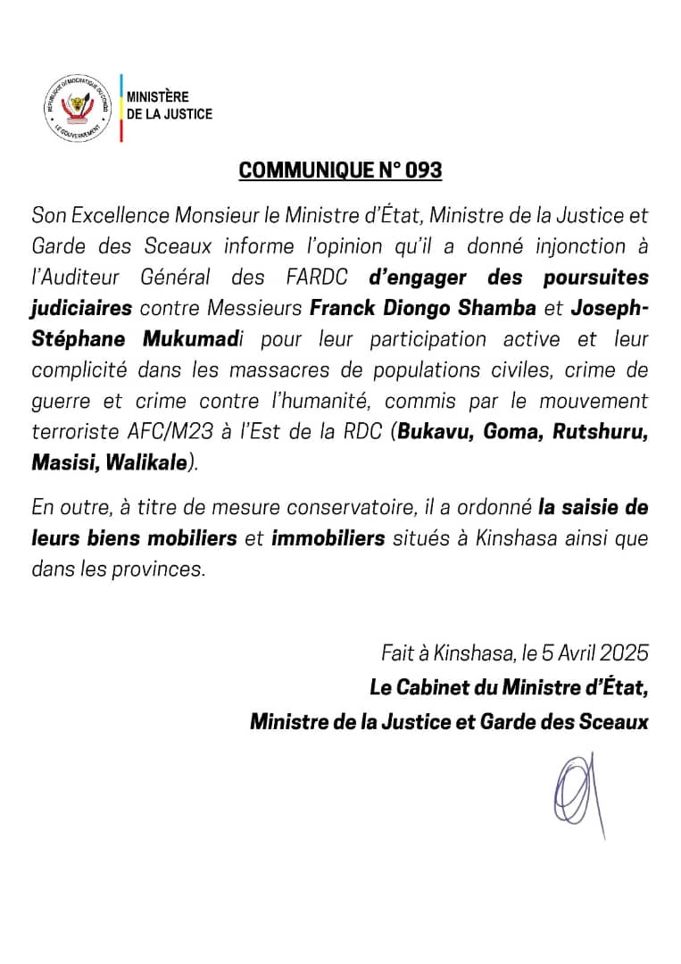 RDC: Constant Mutamba ordonne la poursuite judiciaire de Franck Diongo Shamba et Joseph Stéphane Mukumadi pour la complicité avec les rebelles du M23