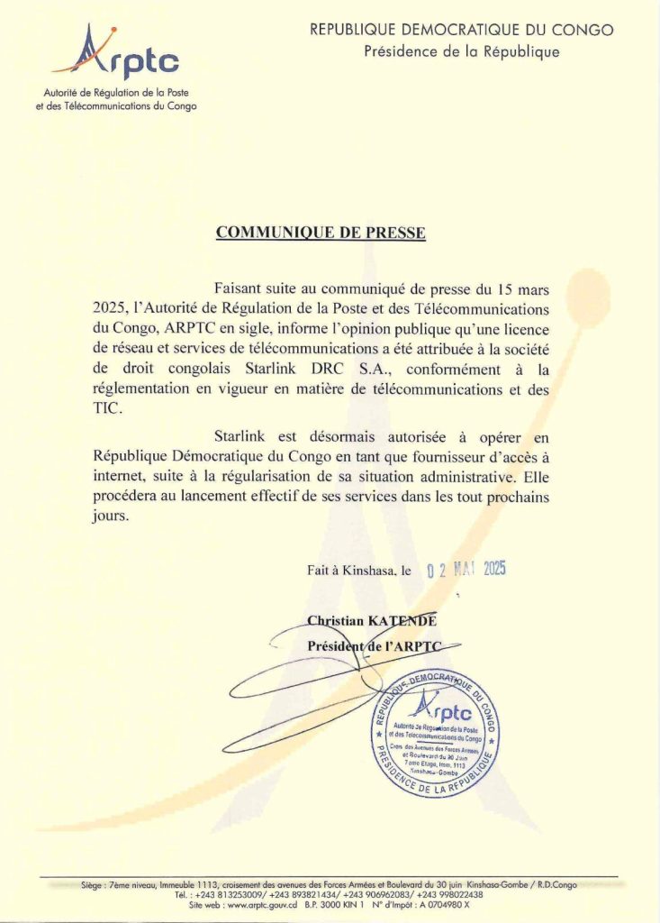 RDC : Starlink obtient sa licence d&rsquo;exploitation et s&rsquo;apprête à lancer ses services internet