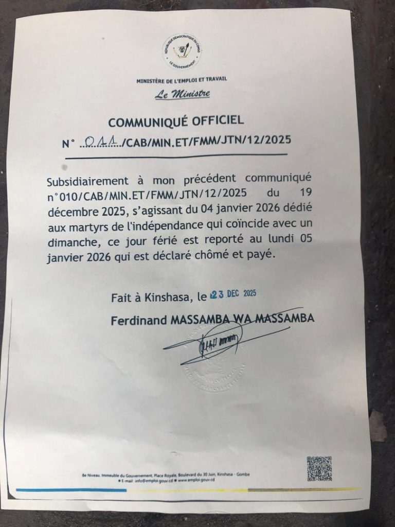RDC : le 5 janvier 2026 déclaré jour férié chômé et payé