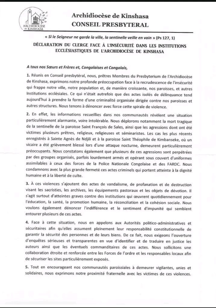RDC : l’Archidiocèse de Kinshasa dénonce la montée du banditisme visant les paroisses