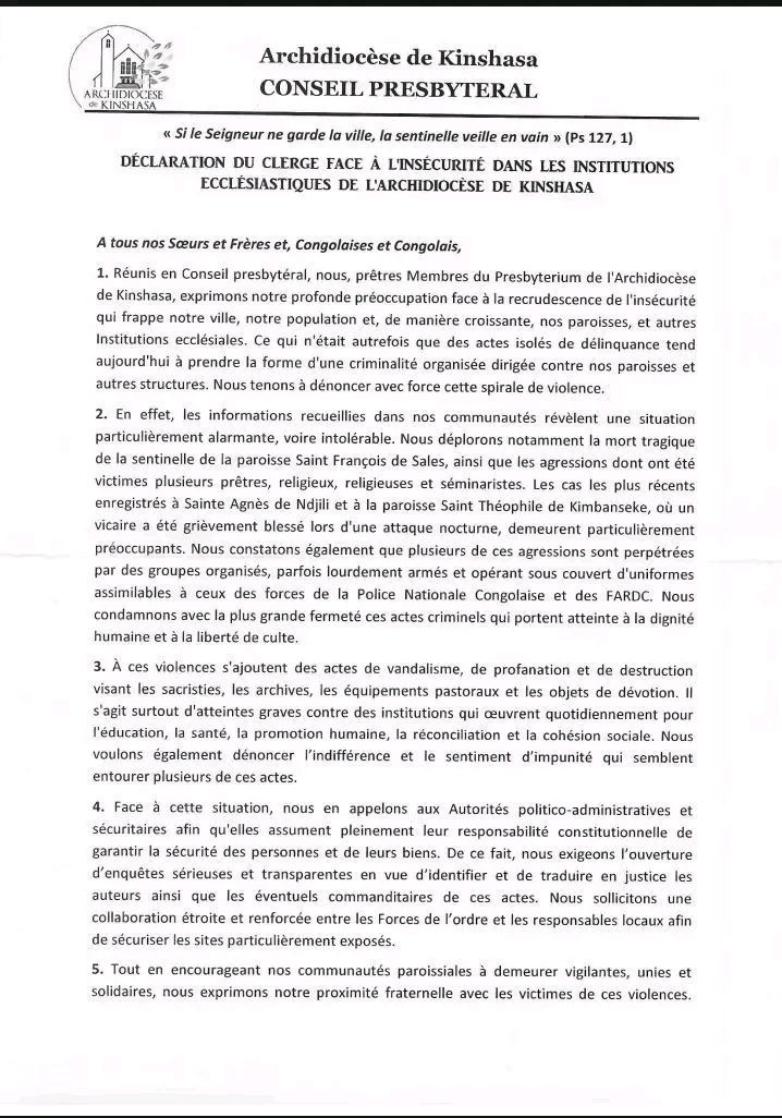RDC : l’Archidiocèse de Kinshasa dénonce la montée du banditisme visant les paroisses