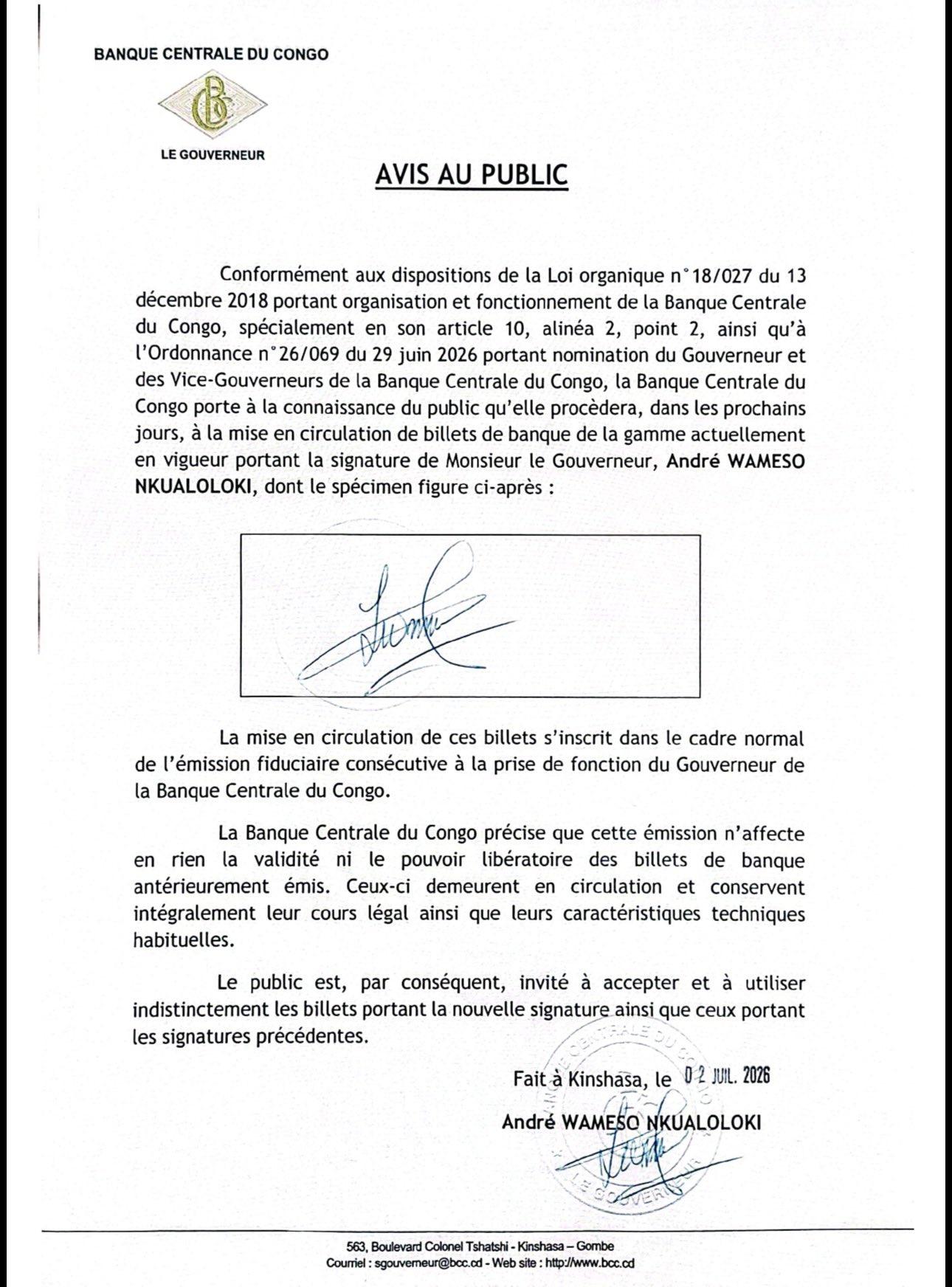 RDC : la Banque centrale annonce l&rsquo;émission de billets portant la signature de son nouveau gouverneur