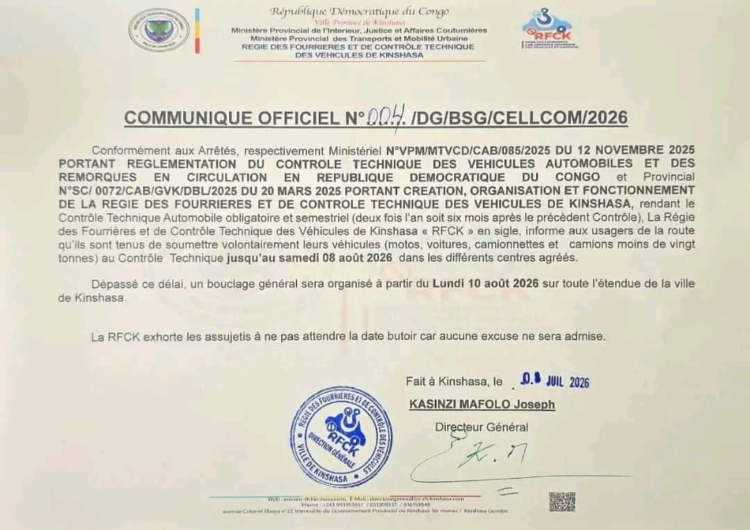 Kinshasa : la RFCK rend le contrôle technique obligatoire pour tous les véhicules dès le 08 août