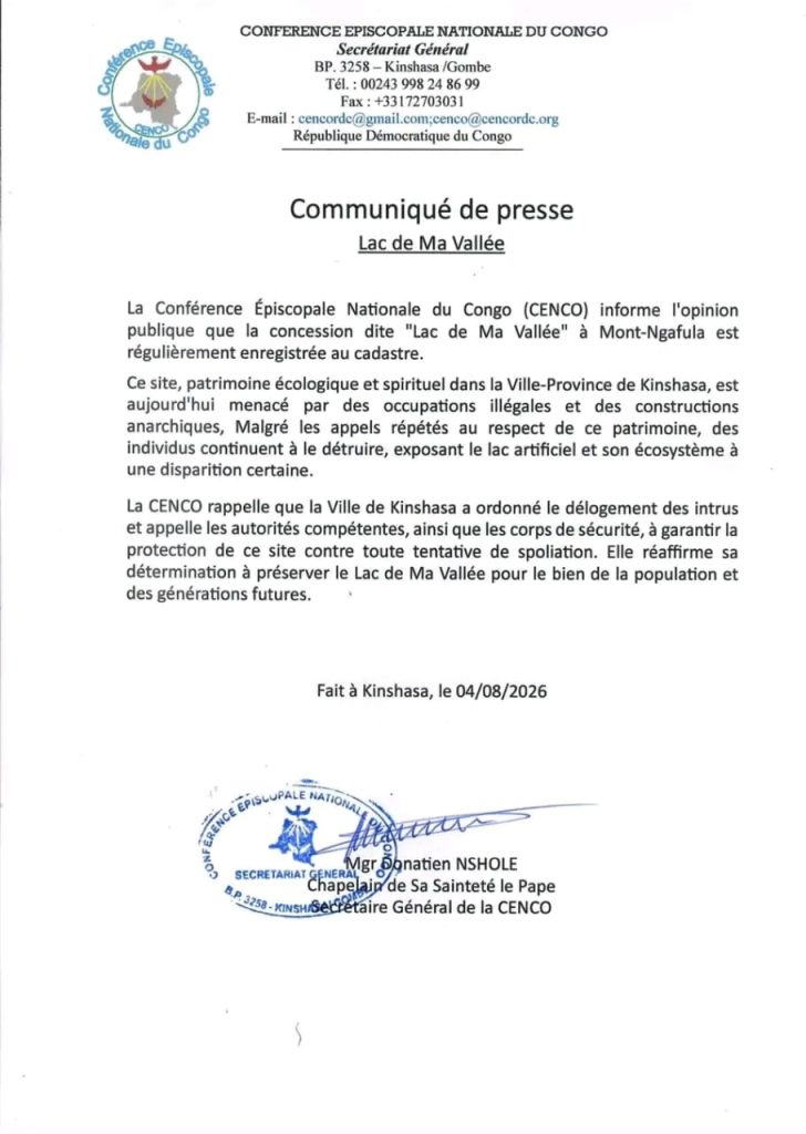 Kinshasa : la CENCO alerte sur la spoliation et la destruction écologique du site « Lac de Ma Vallée »