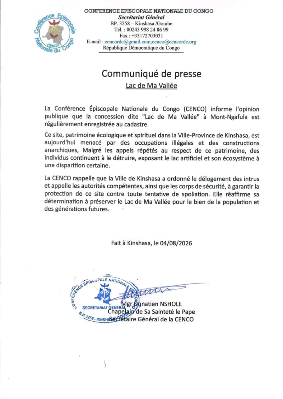 Kinshasa : la CENCO alerte sur la spoliation et la destruction écologique du site « Lac de Ma Vallée »