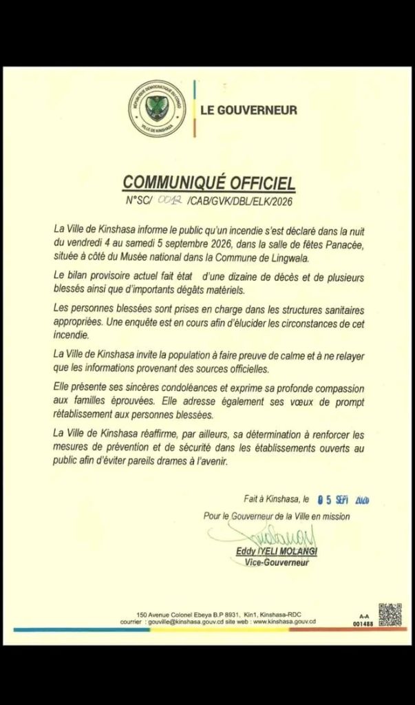 Drame de la salle Panacée : le gouvernement provincial de Kinshasa rectifie le bilan de l’incendie à une dizaine de morts