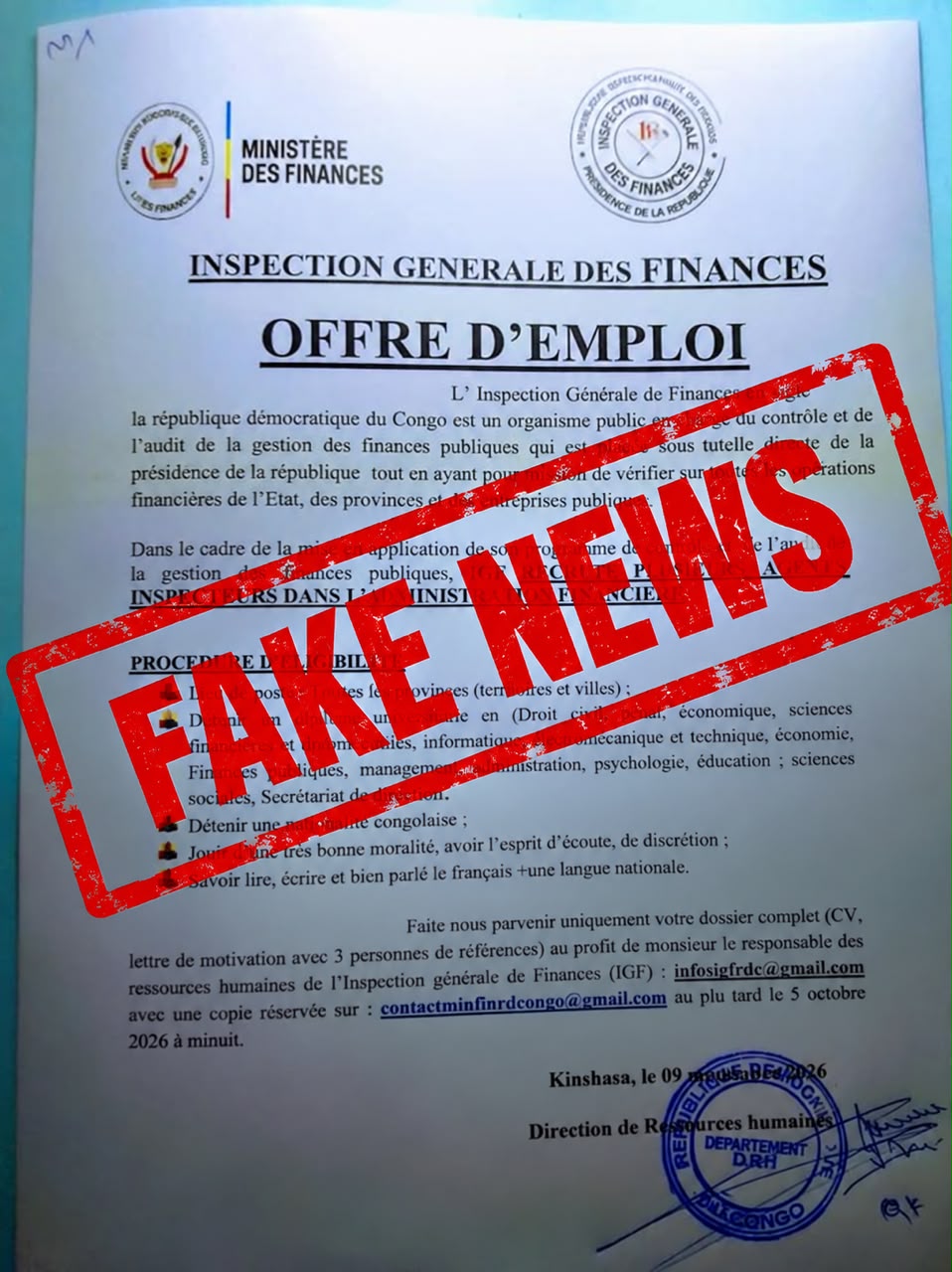 RDC : l’IGF alerte sur une fausse campagne de recrutement circulant sur les réseaux sociaux ( communiqué) RDC : l’IGF alerte sur une fausse campagne de recrutement circulant sur les réseaux sociaux ( communiqué)